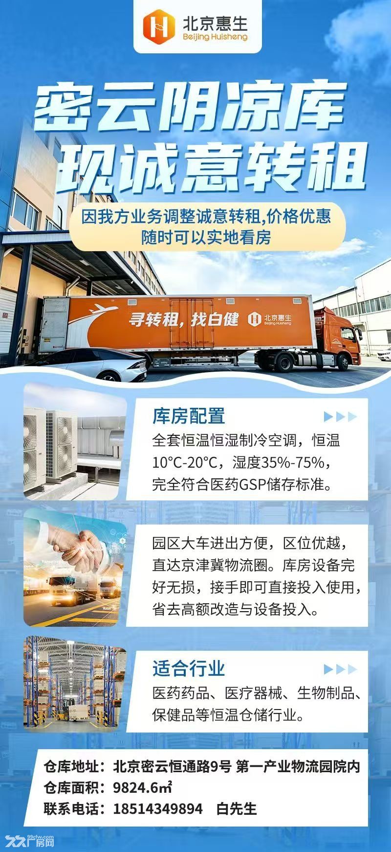 北京密云10000平米阴凉库转租 1元/平米/天