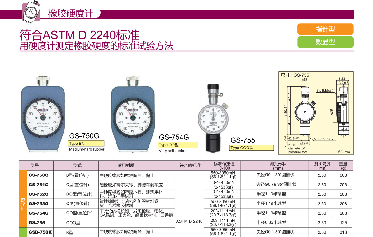 日本TECLOCK得乐 O型橡胶硬度计 带置位针GS-753G邵氏硬度计 - 2